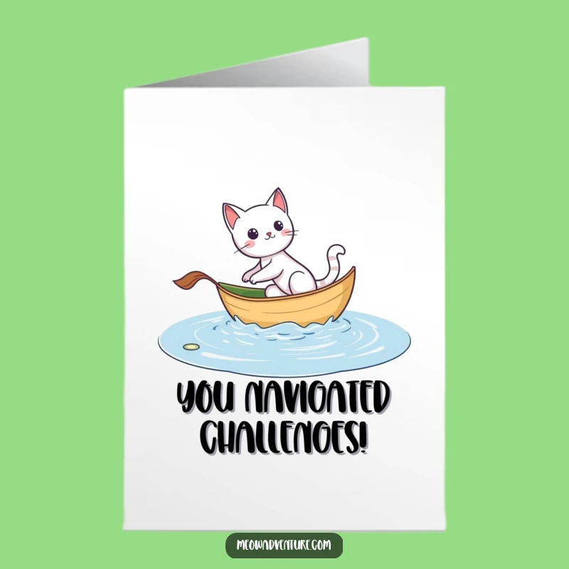 Free Printable Funny Congrats Card: Cat Leaf Boat Journey - Downloadable Humorous Voyage