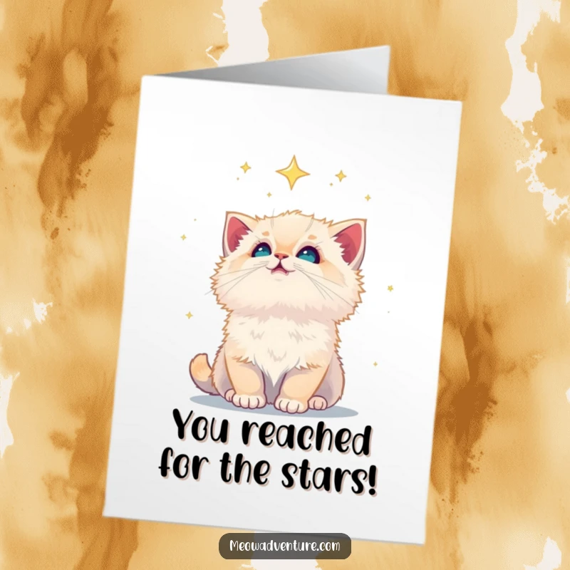 Free Printable Congrats Card: A fluffy kitten gazes upwards at a beautiful starry sky, symbolizing hope and new beginnings.