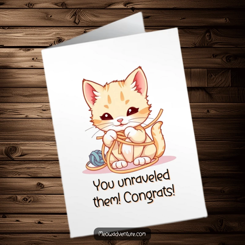 Funny Free Printable Congratulations Card: A smirking kitten completely entwined in a ball of bright yarn.