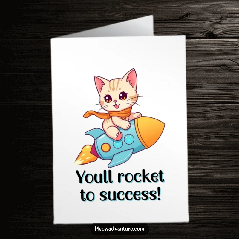 Funny Free Printable Congratulations Card: A brave kitten rides a toy rocket, celebrating a triumphant achievement.