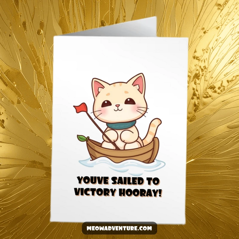 Funny Free Printable Congratulations Card with a cat captain sailing a leaf boat towards new horizons.