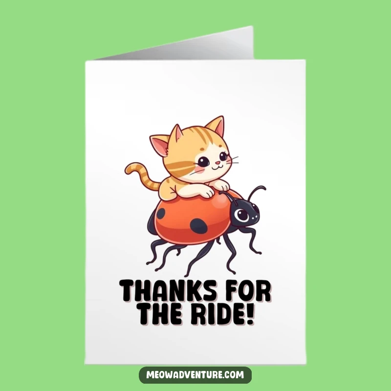 Free Printable Funny Thank You Card: Cat Ladybug Ride - Downloadable Grateful Humor