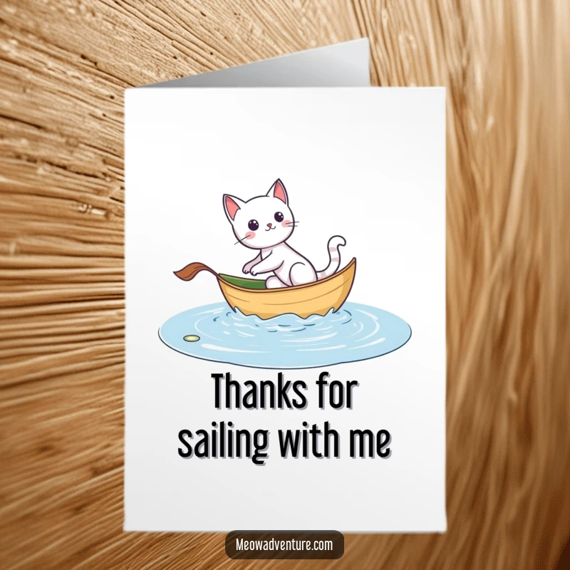 Funny Free Printable Thank You Card: Adventurous cat sailing a leaf boat across a puddle, a humorous and charming thank you, printable at home.