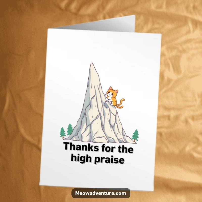 Funny Free Printable Thank You Card: Brave cat scaling a majestic crystal mountain structure.