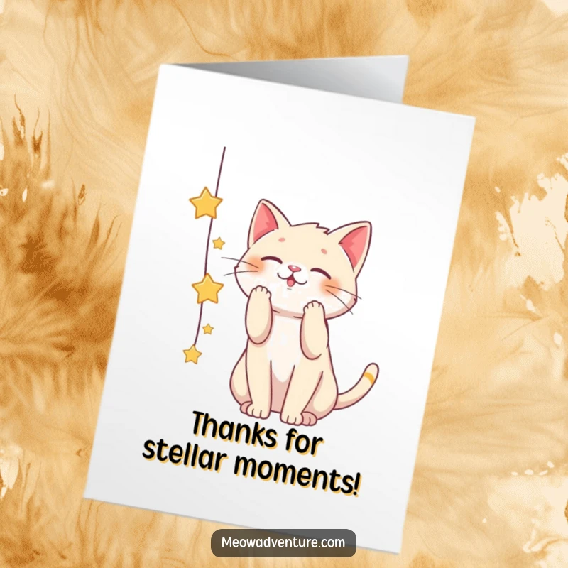 Funny Free Printable Thank You Card: A playful cat batting at a string of stars, reaching out to express profound thanks with celestial joy.