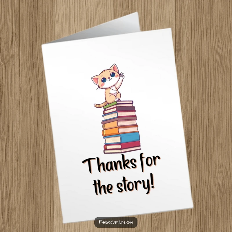 Funny Free Printable Thank You Card: A brave cat scaling an enormous stack of books, demonstrating immense effort in expressing thanks.