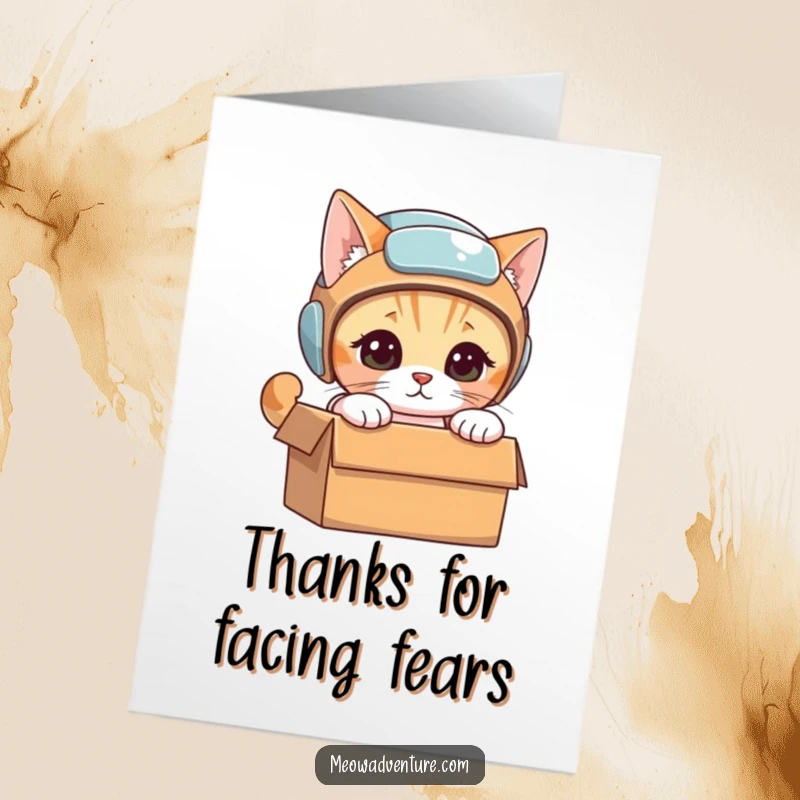 Funny Free Printable Thank You Card: Cat wearing a helmet, curiously peering into a dark, mysterious box.
