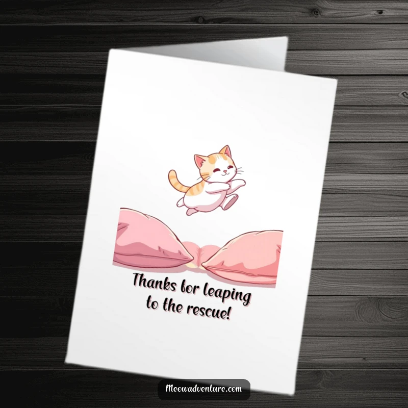 Funny Free Printable Thank You Card: Energetic cat leaping across a gap, conveying thanks with humorous grace.