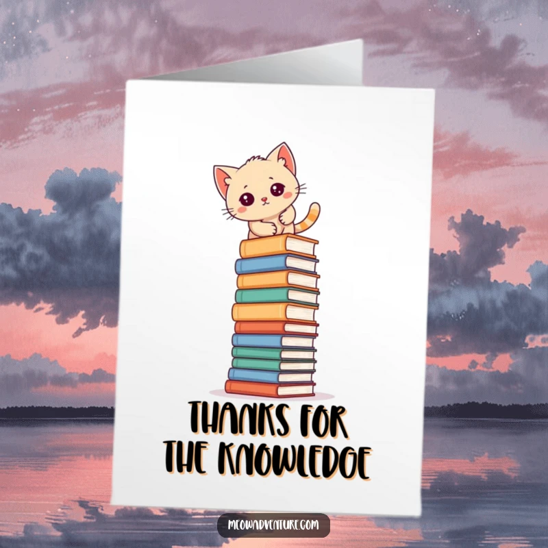 Funny Free Printable Thank You Card of a kitten admiring a vast library after climbing books.
