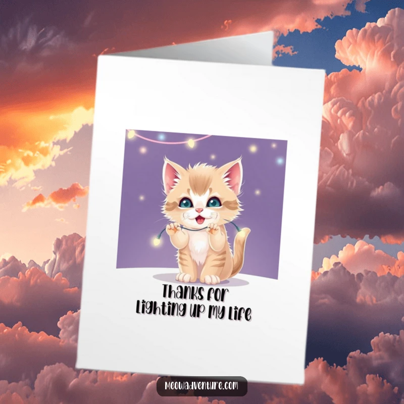 Funny Free Printable Thank You Card: Mischievous kitten batting at twinkling fairy lights. Grateful for the sparkle!