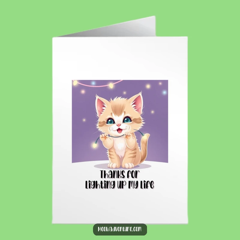 Free Printable Thank You Card: Grateful Kitten & Twinkling Lights - Downloadable Gift