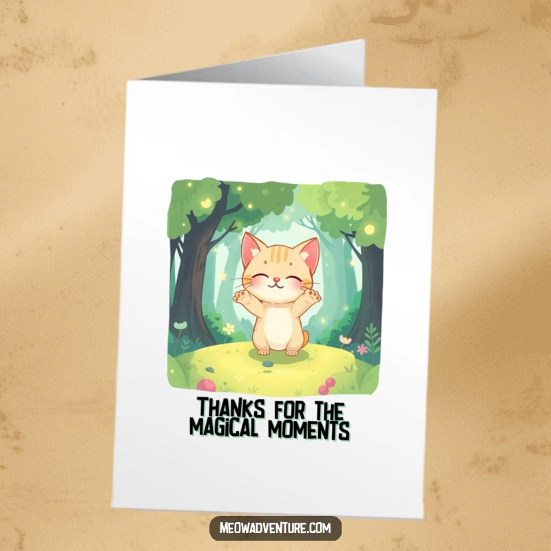 Funny Free Printable Thank You Card: Curious cat with paws outstretched, exploring a magical, glowing forest. Grateful explorer!