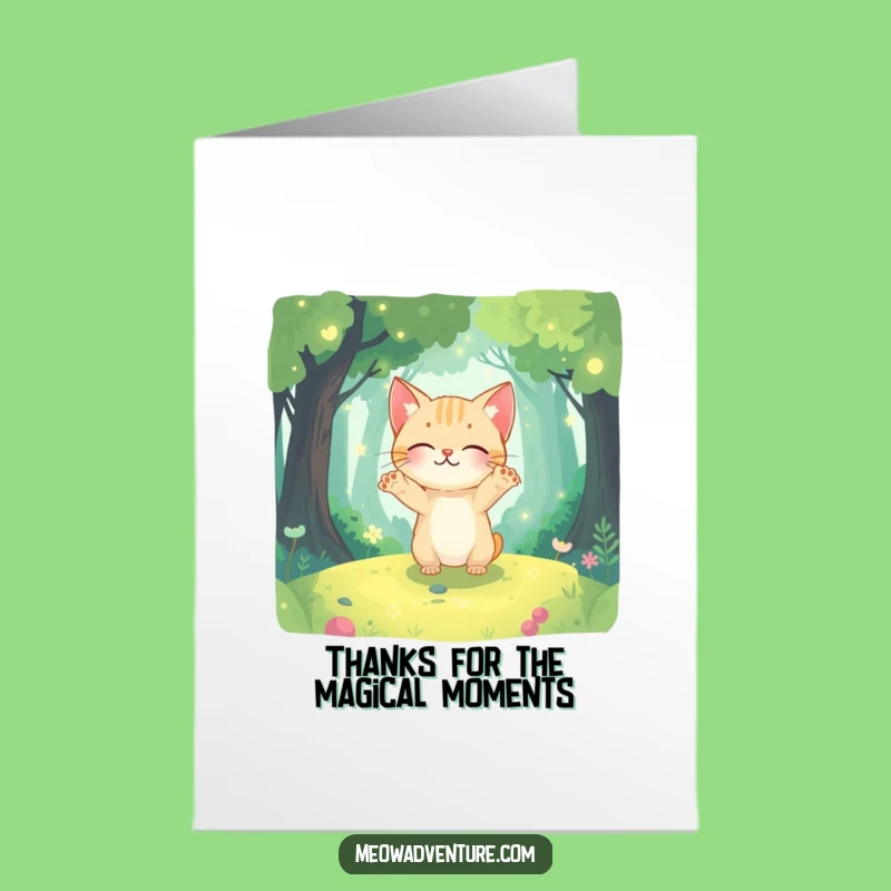 Free Printable Thank You Card: Grateful Kitty in Magic Forest - Downloadable Gift