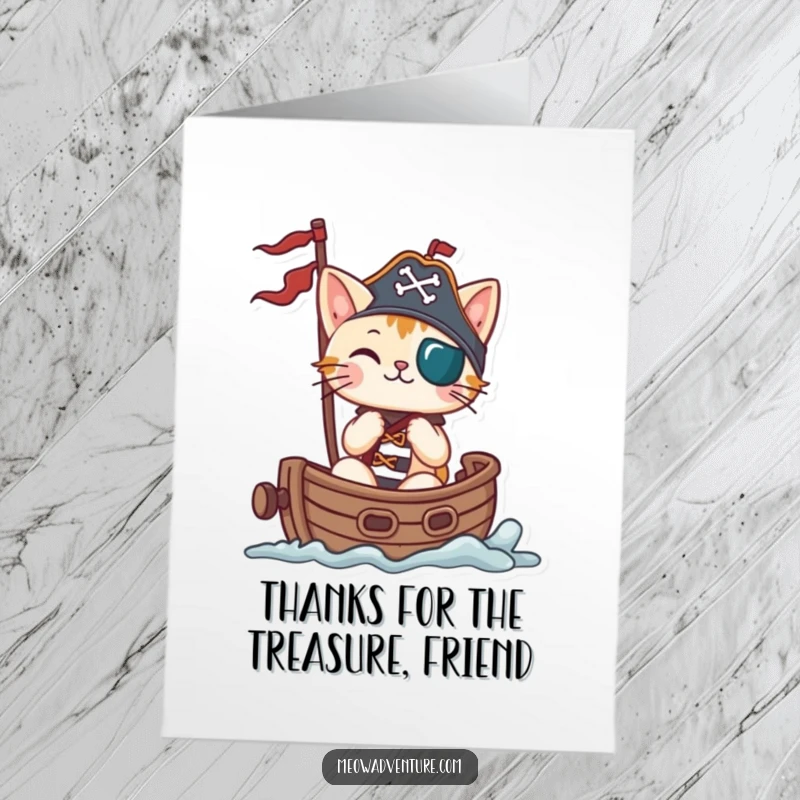 Funny Free Printable Thank You Card with a pirate cat captain sailing, expressing sincere thanks.
