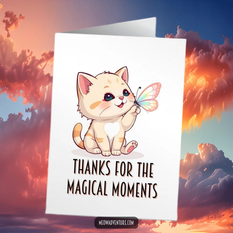 Funny Free Printable Thank You Card: A playful cat chases a magical butterfly, spreading thanks with a joyful, lighthearted spirit.