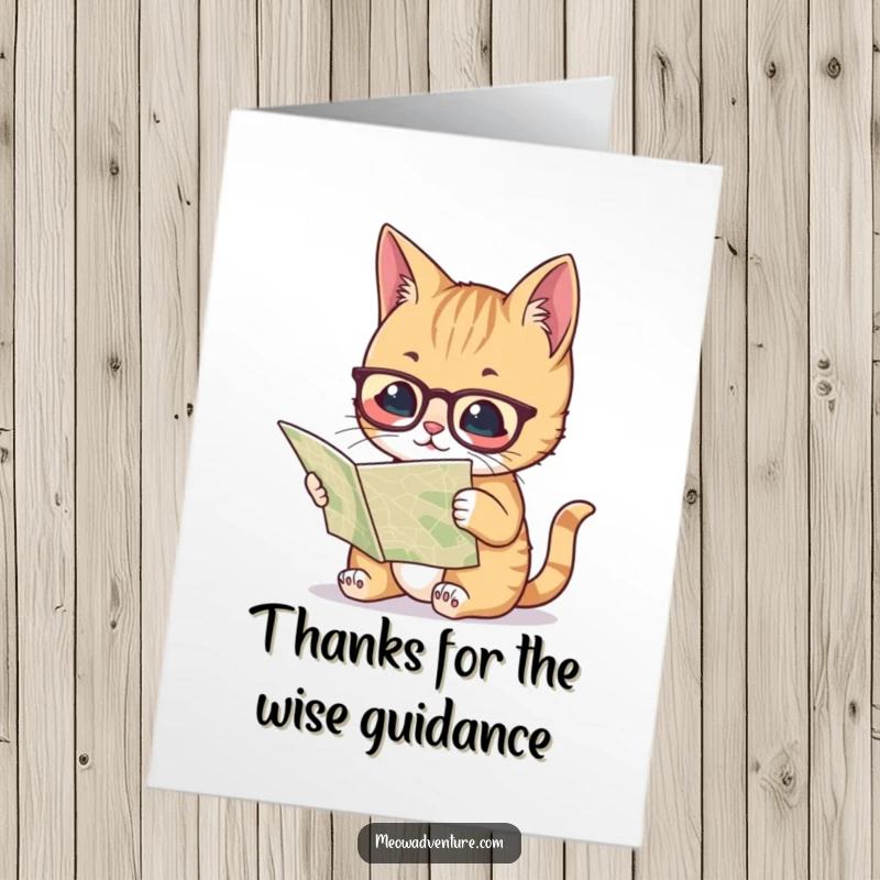 Funny free printable thank you card: A scholarly cat with glasses reads a map, showing gratitude for direction.