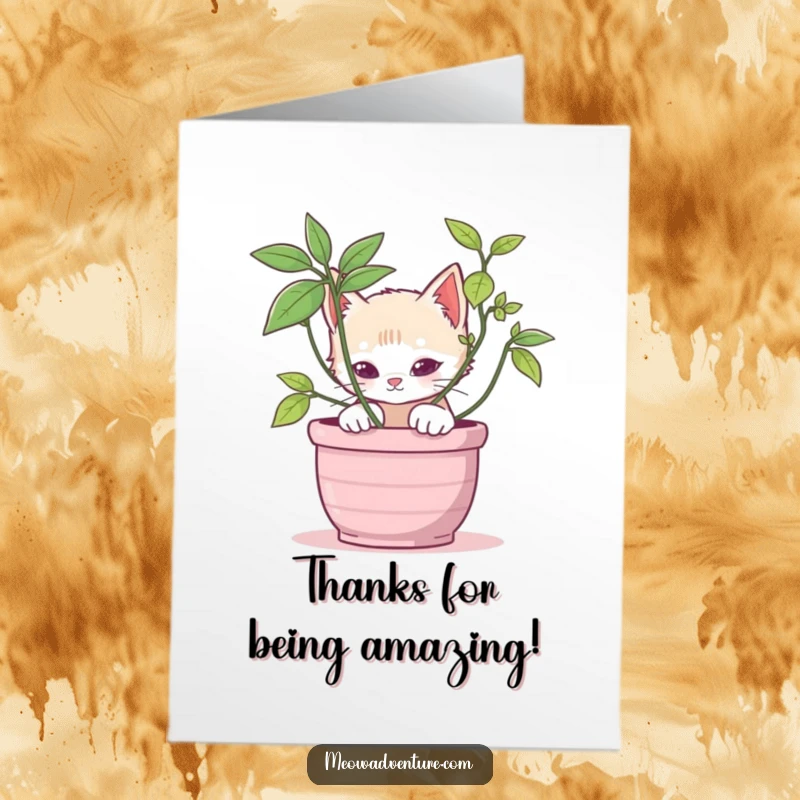 Funny Free Printable Thank You Card: A stealthy kitten peeking from behind a potted plant, offering thanks in a quiet way.