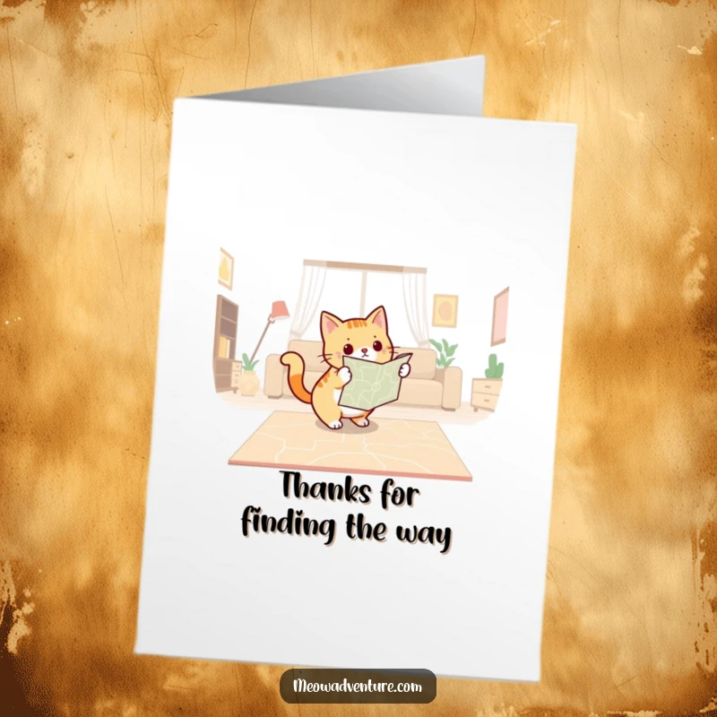 Funny Free Printable Thank You Card: A determined cat with a map, plotting a course, conveying thanks for direction.