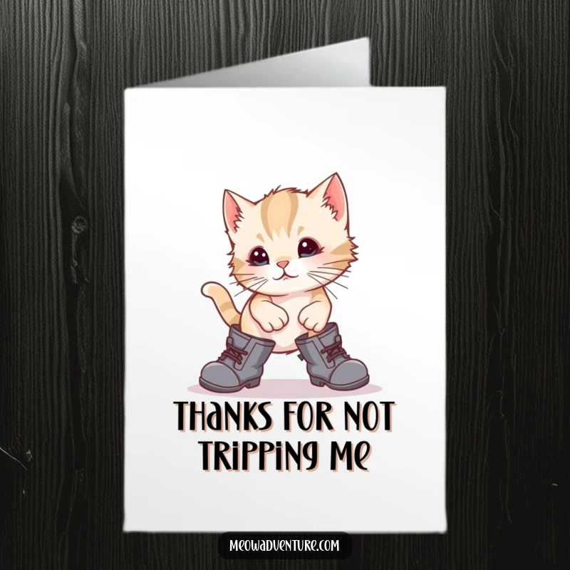 Funny Free Printable Thank You Card: Kitten in oversized boots, stumbling adorably, expressing heartfelt, humorous thanks.