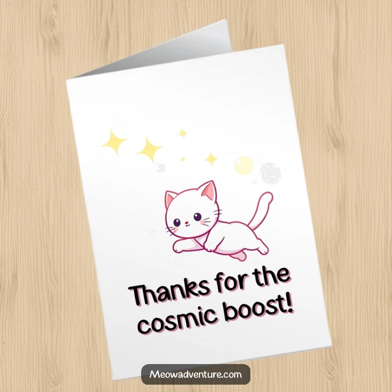 Funny Free Printable Thank You Card: Playful kitty leaping through a starry sky, chasing a moonbeam with heartfelt gratitude.