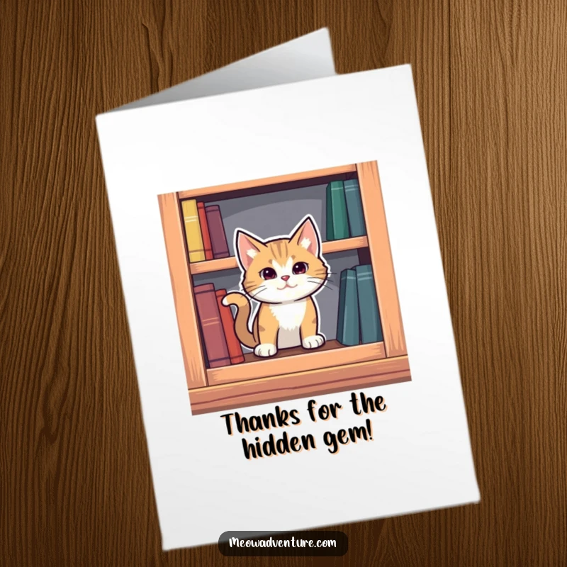 Funny Free Printable Thank You Card: Mysterious cat emerging from a secret compartment in a bookshelf, offering thanks.