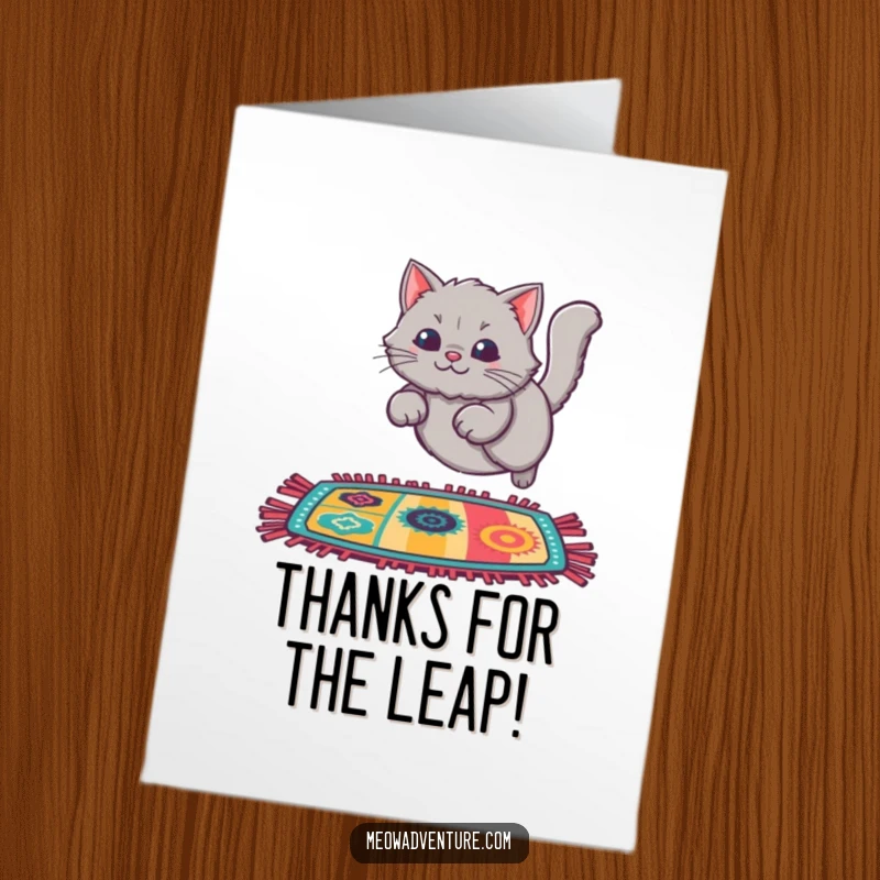 Funny Free Printable thank you card: A fluffy grey cat gracefully leaping onto a richly colored, patterned rug.