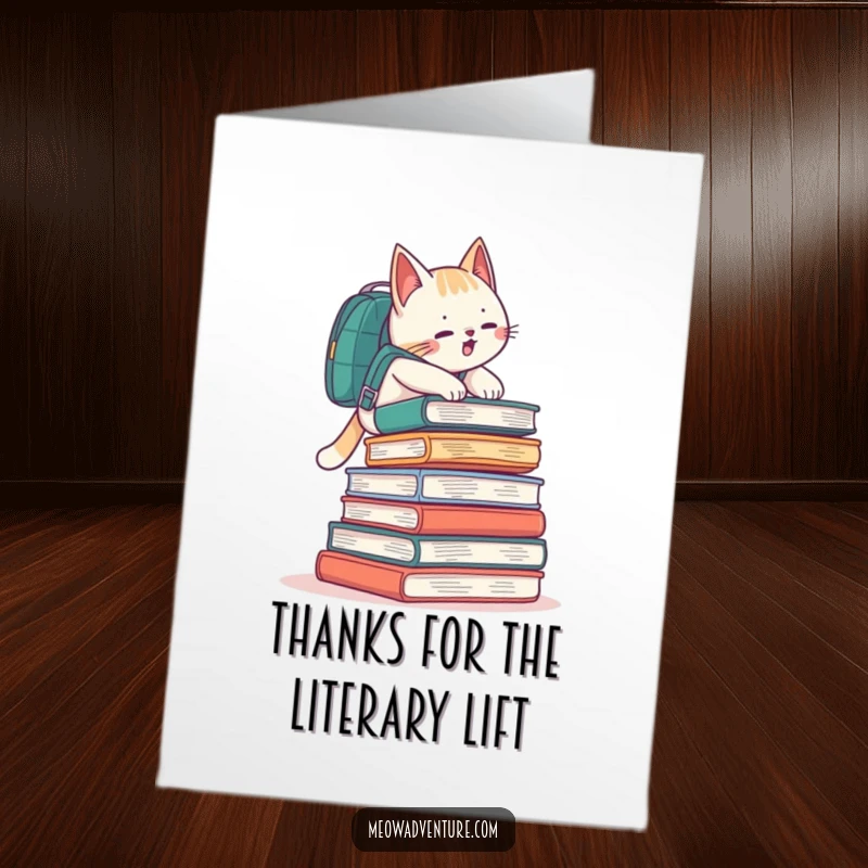 Funny Free Printable Thank You Card featuring a playful cat with a backpack reaching the peak of a book stack, expressing thanks.