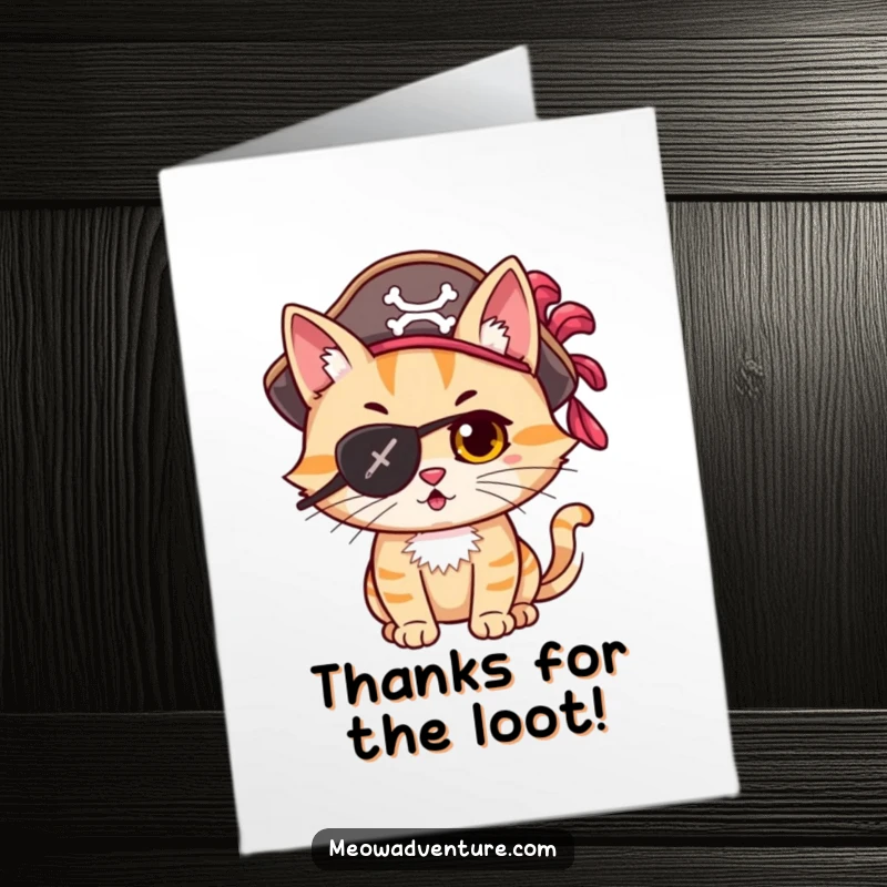Funny Free Printable Thank You Card featuring a mischievous cat pirate, expressing thanks with a daring spirit.