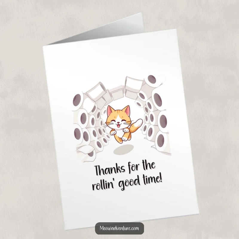 Funny Free Printable Thank You Card: Swift cat dashing through a tunnel of toilet paper rolls, offering thanks.