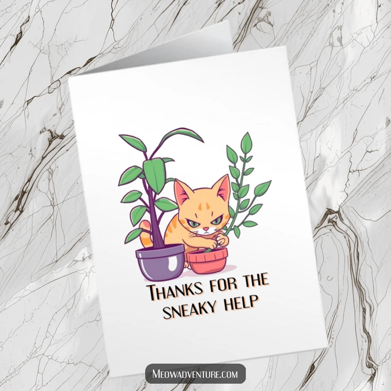 Funny Free Printable Thank You Card: A focused cat lurks behind a houseplant, silently thankful.