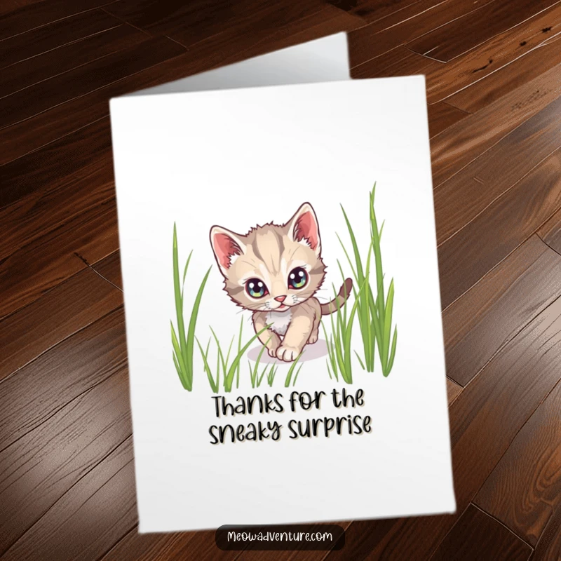 Funny Free Printable Thank You Card: A stealthy kitten tiptoeing through grass, eyes wide, conveying secret thanks.