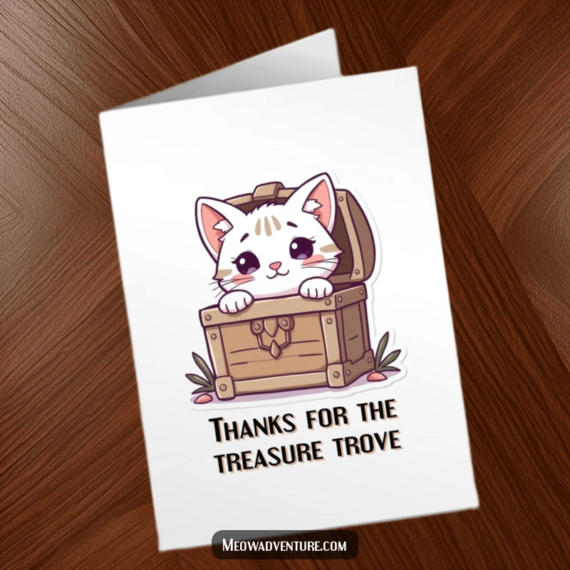 Funny Free Printable Thank You Card: Curious cat peeks from behind a treasure chest, conveying thanks.