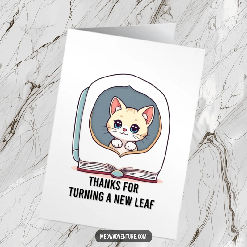 Funny Free Printable Thank You Card: a curious cat peers from a huge book, expressing thanks with a mischievous twinkle.