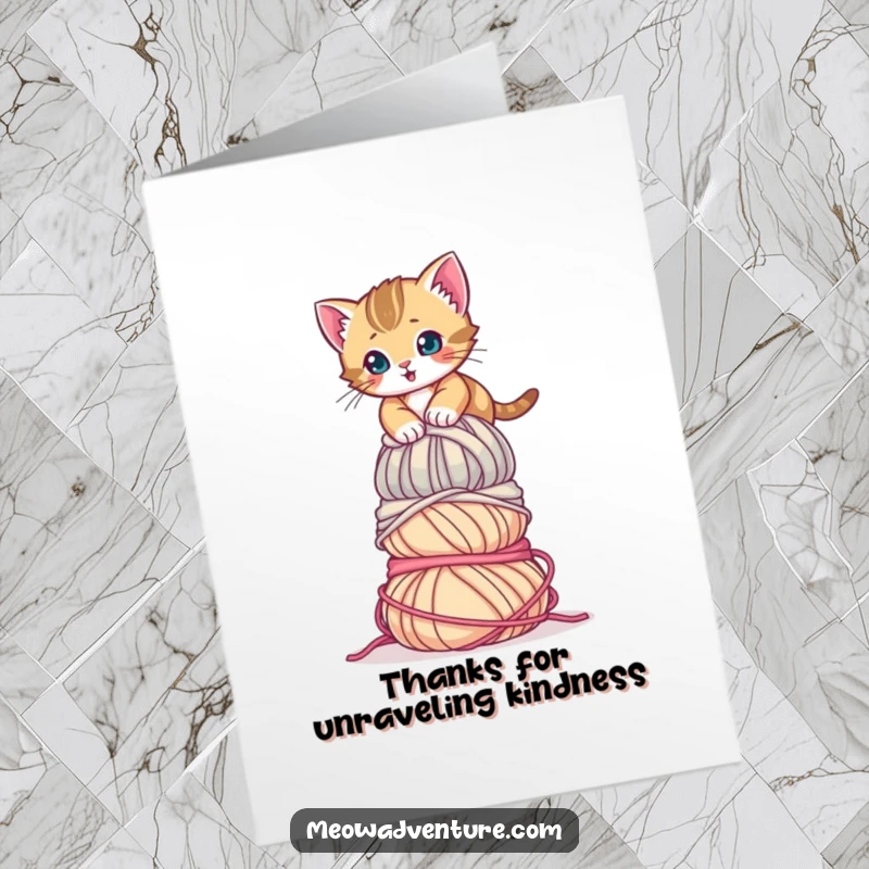 Funny Free Printable Thank You Card: A determined kitten making a valiant effort to climb a giant yarn stack.