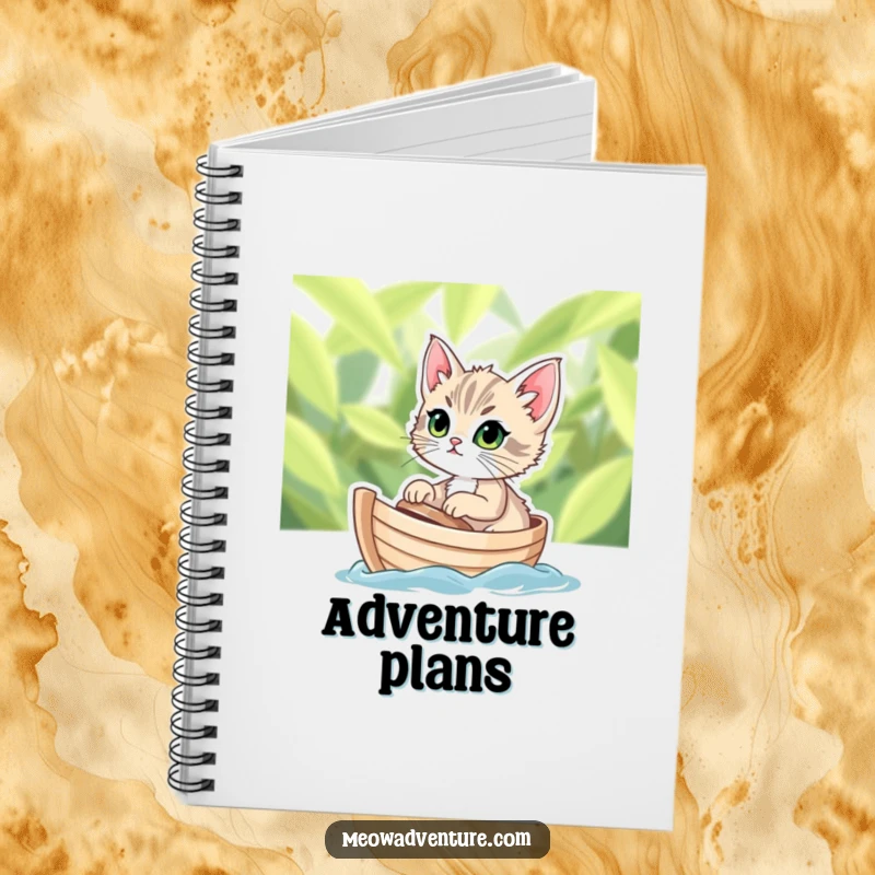 Funny notebook with a determined kitten sailing on a tiny leafy boat, great for jotting down adventurous ideas.