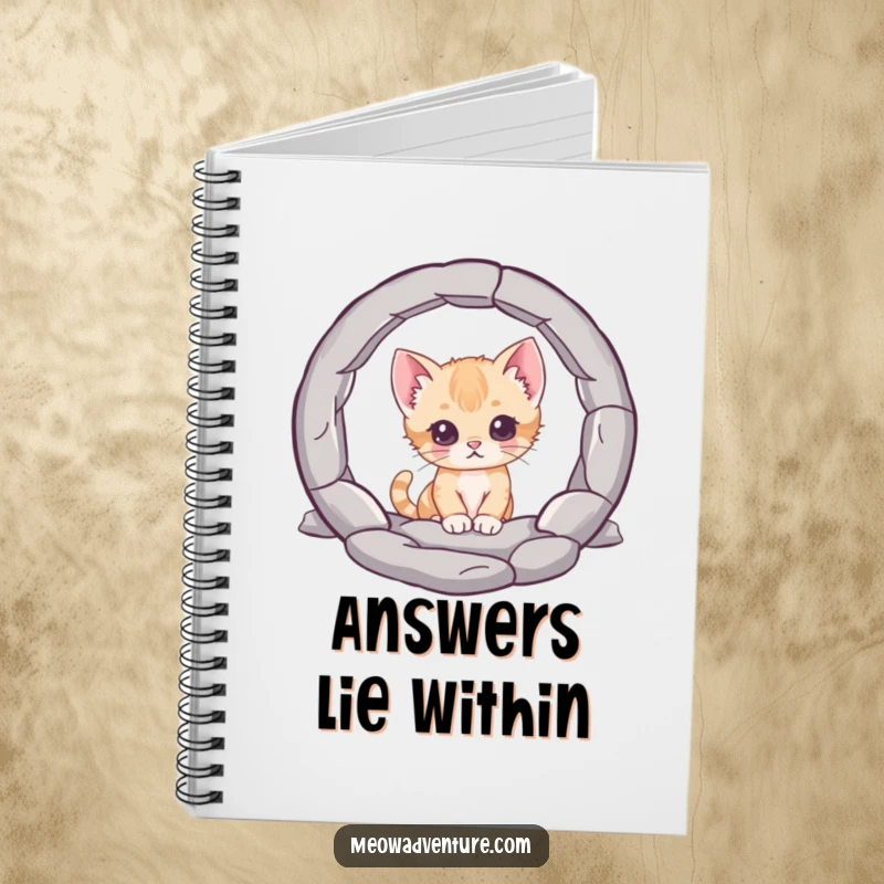 Funny notebook, a curious kitten character peering into a mysterious portal, ideal for recording thoughts with a dose of playful mystery.