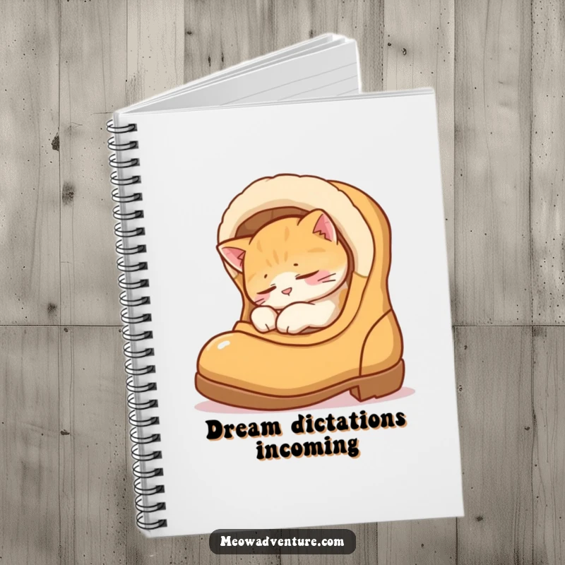 Funny notebook adorned with a sleepy cat curled up inside a boot, designed for jotting down thoughts with a humorous and cozy theme.