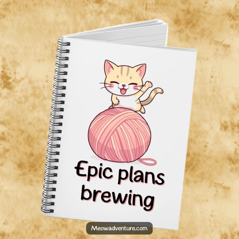 Funny Cat Notebook: A determined cat character leaping over a giant yarn ball, sparking creativity and humor for note-taking.