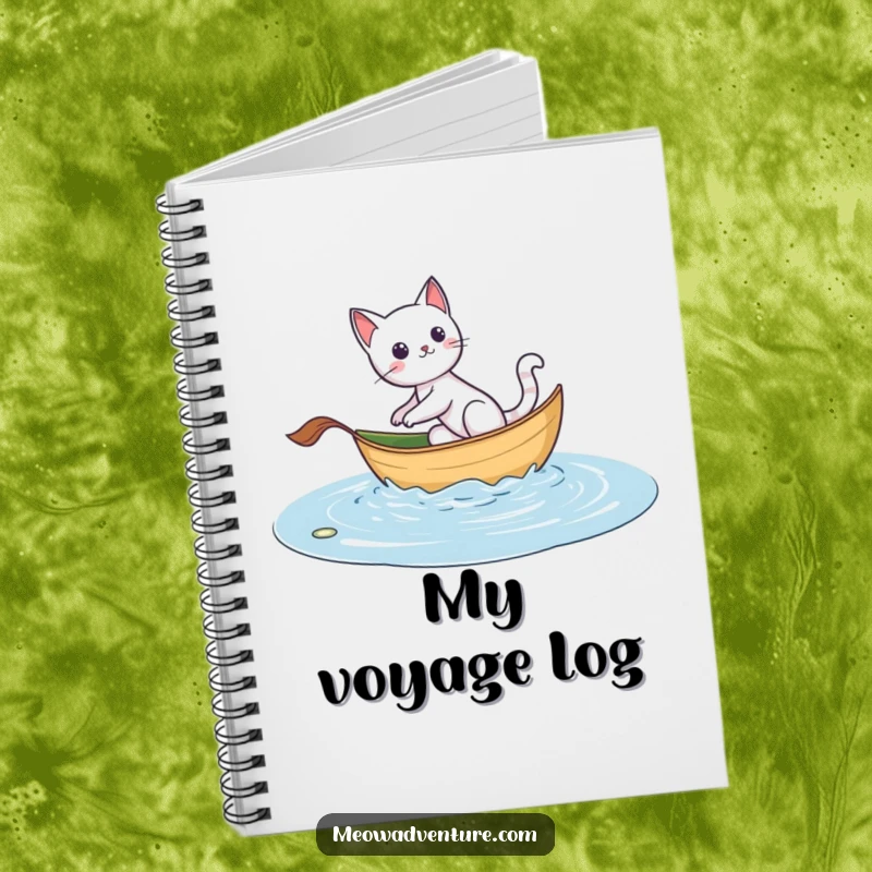 Funny notebook with an adventurous cat sailing on a leaf boat, perfect for jotting down expedition plans.