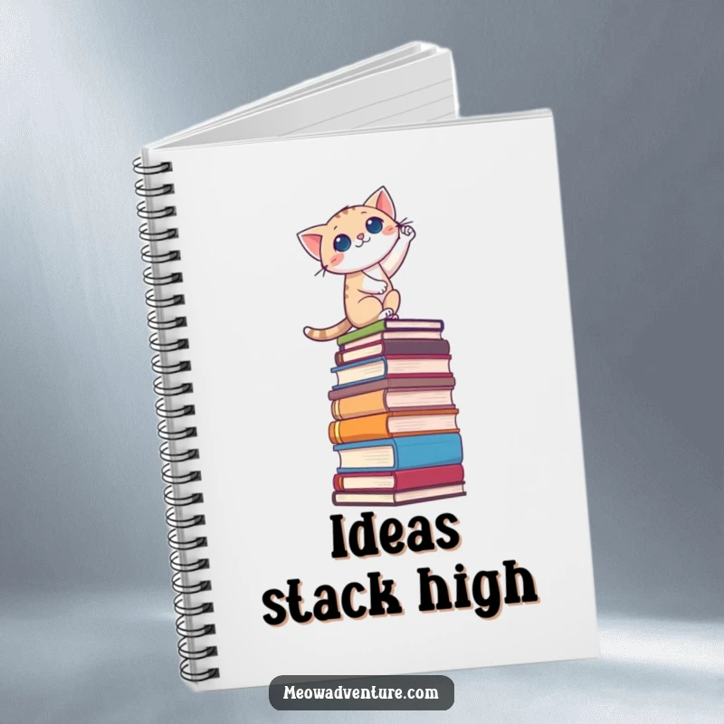 Funny notebook cover with a cat bravely climbing a large stack of books, inspiring users to reach for knowledge.