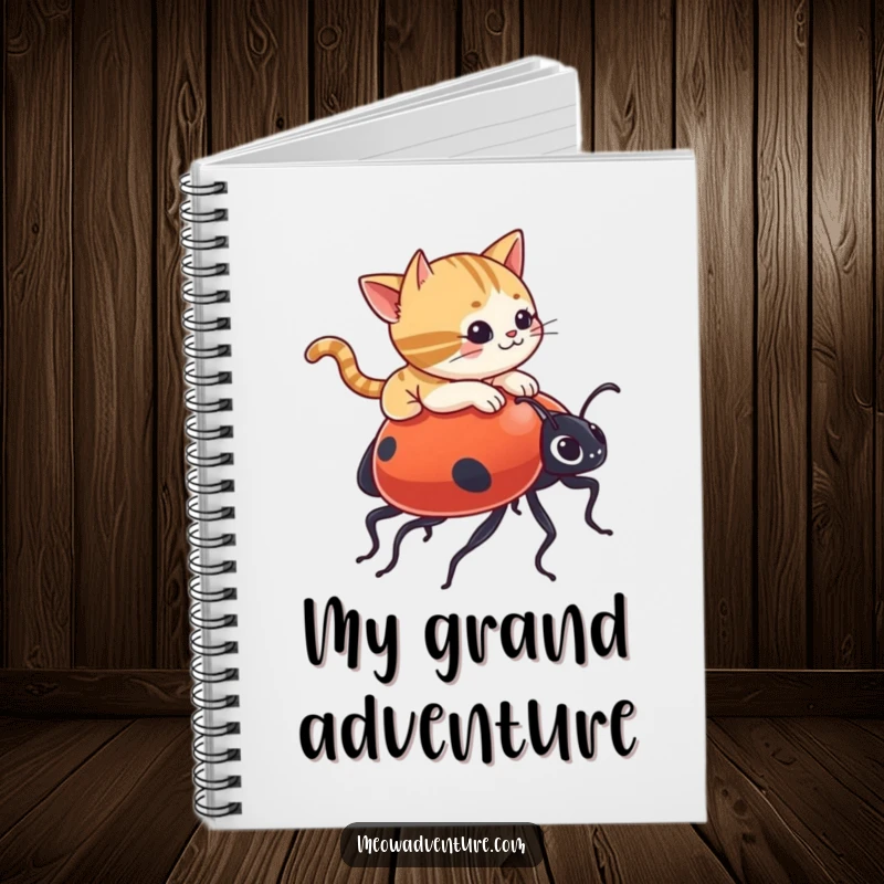 Funny notebook with a mischievous cat riding a giant ladybug, perfect for jotting down notes and funny ideas.
