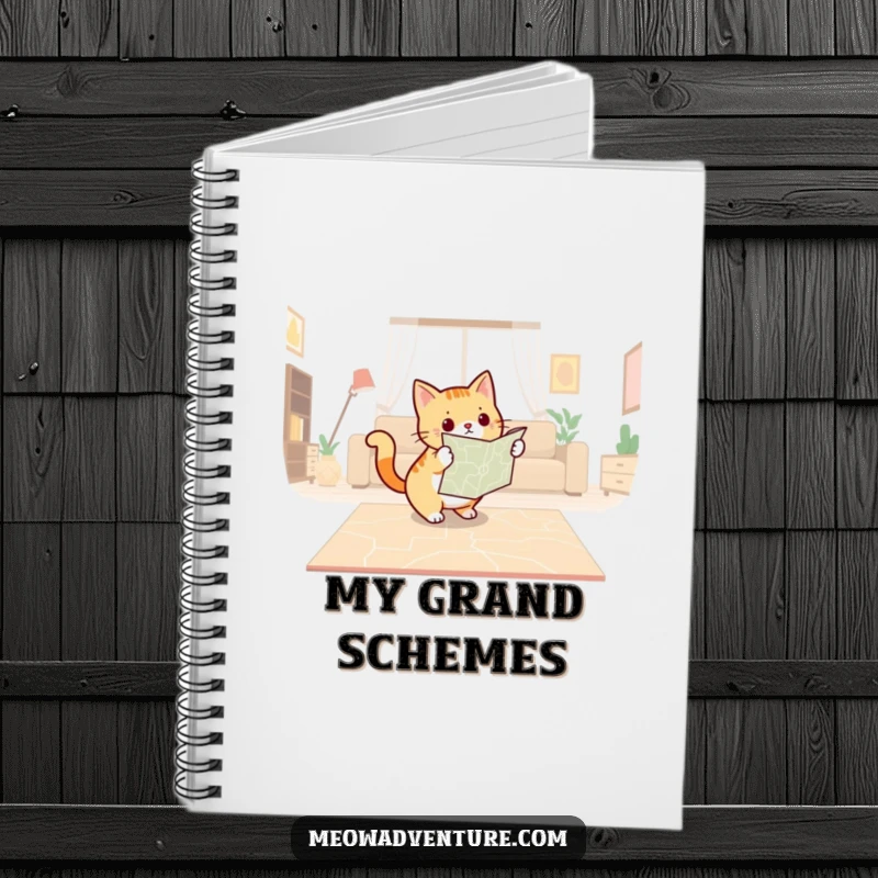 Funny notebook with a cover showing a determined cat with a map, plotting a course across a living room floor.