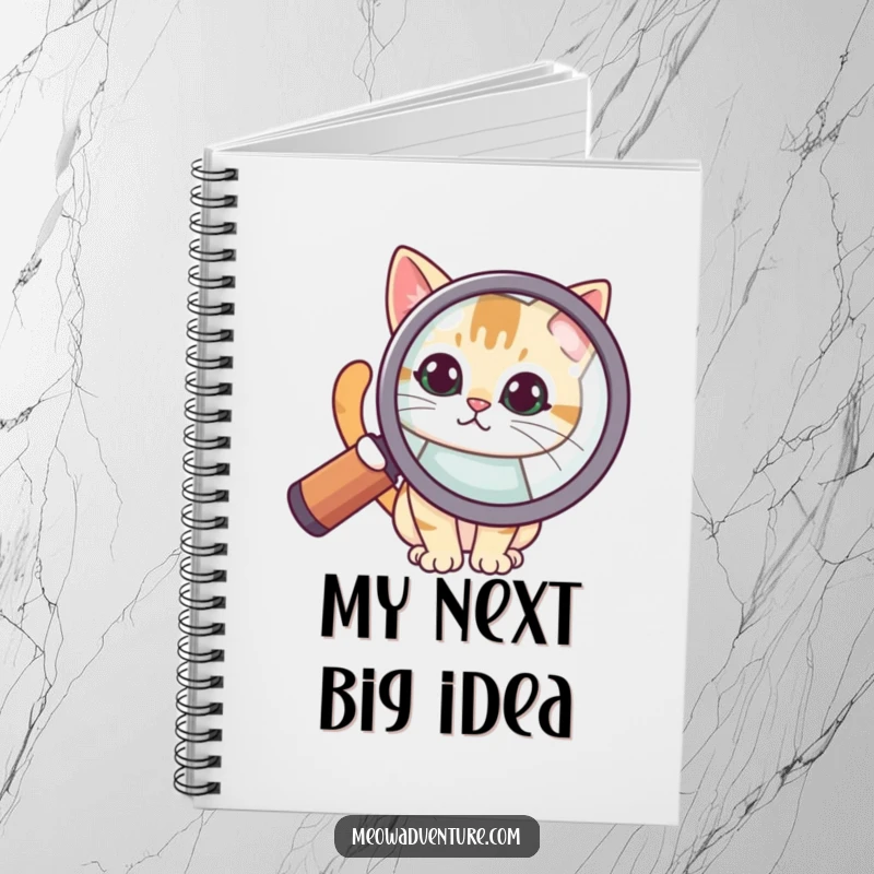 Funny notebook cover with a cat peeking from behind a large magnifying glass, encouraging users to investigate and document their thoughts.
