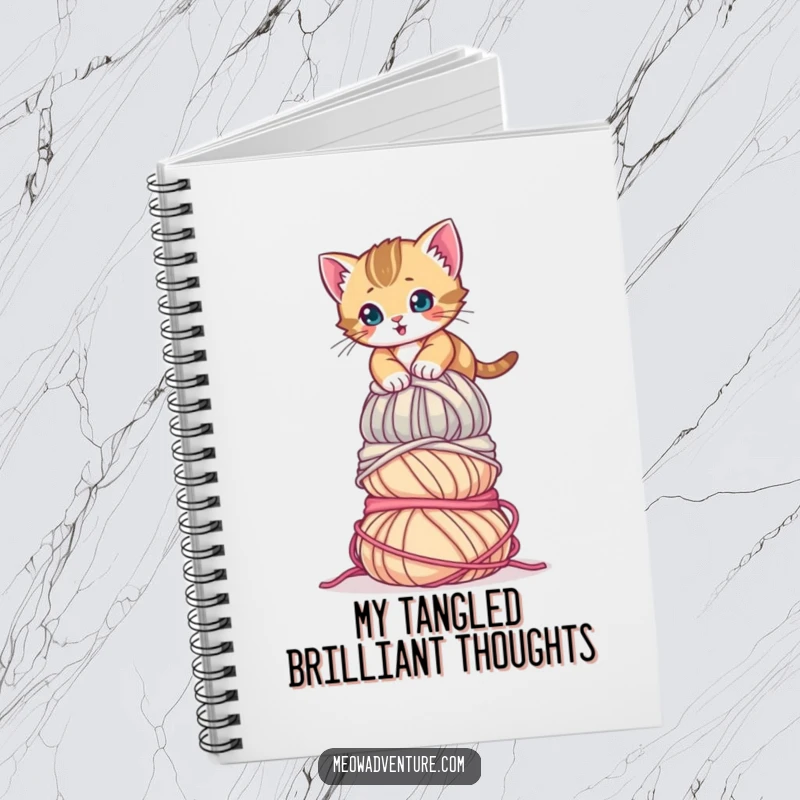 Funny Determined Kitten Yarn Notebook showing a small kitten bravely climbing a massive ball of yarn. Great for notes and plans.