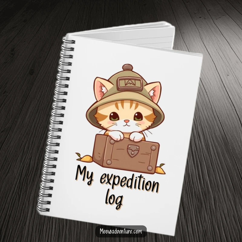 Funny explorer kitten notebook with a brave cat in an explorer hat peeking into a treasure chest. Ideal for documenting adventures.