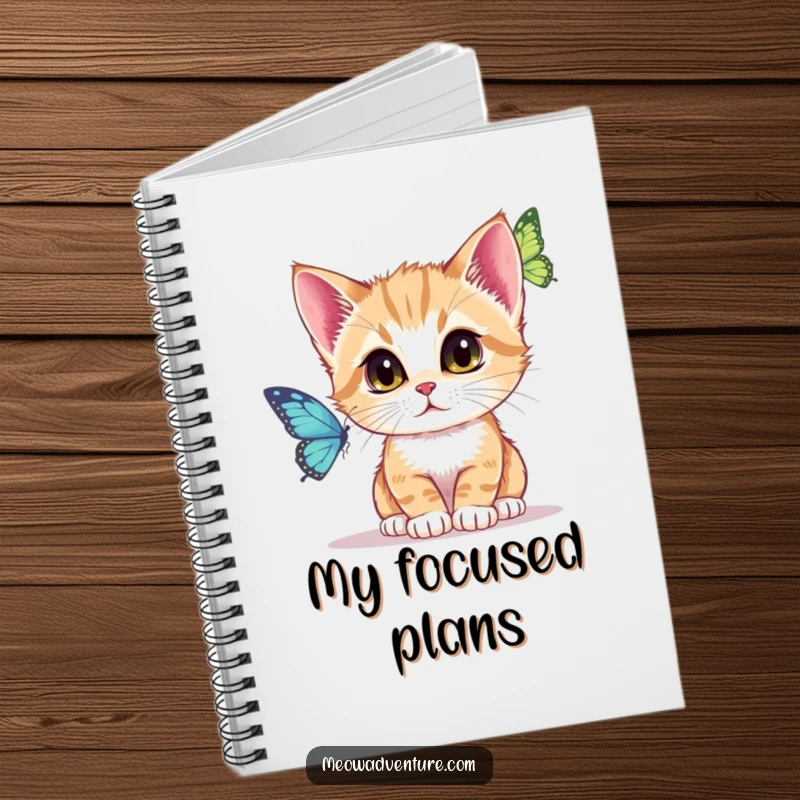 Funny Notebook cover with a kitten intently watching a butterfly, perfect for jotting down focused thoughts.