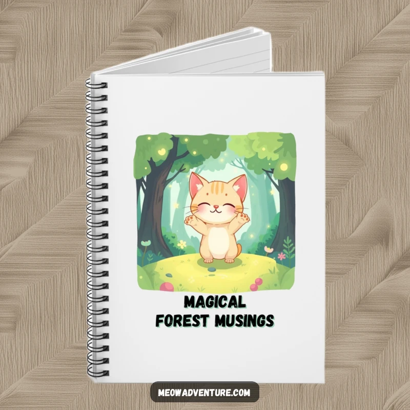 Funny spiral notebook with a curious cat, paws outstretched, exploring a vibrant, glowing magical forest.