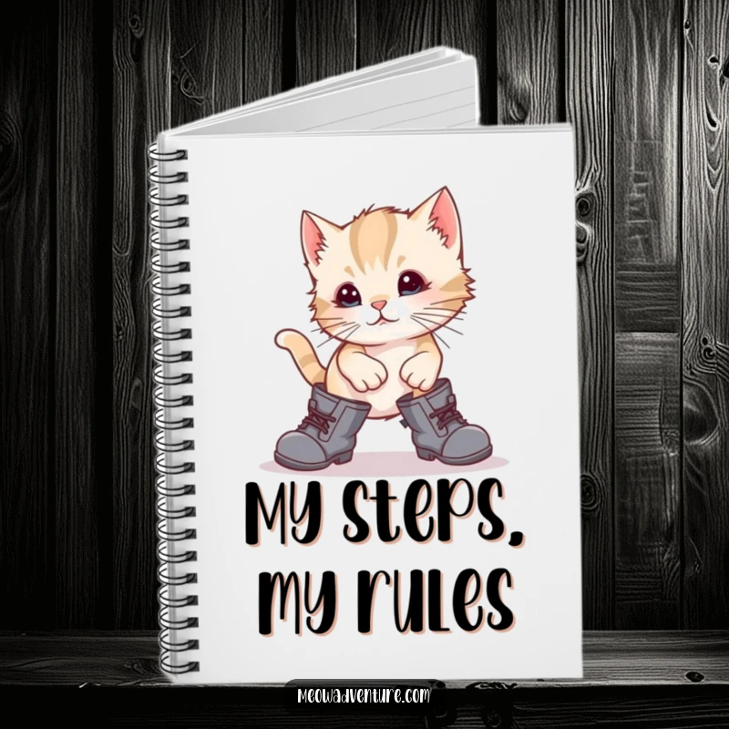 Funny kitten comically wearing large boots and stumbling, on the cover of a notebook, for jotting down hilarious ideas.