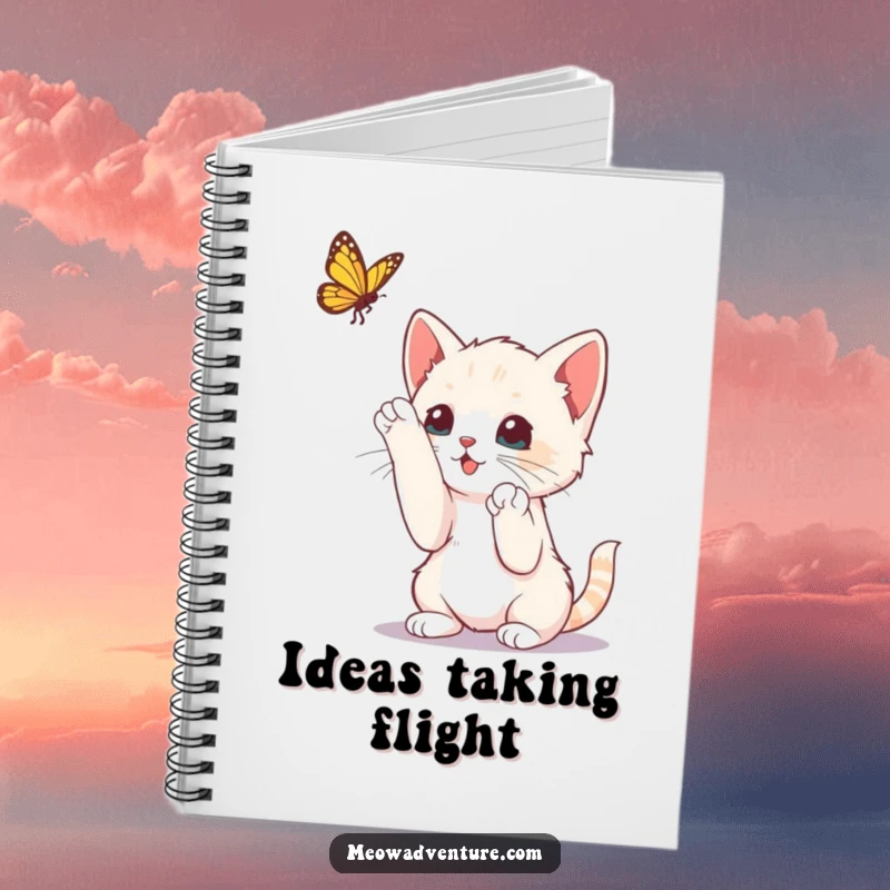 Funny curious kitten reaching up to bat at a dangling butterfly, on the cover of a notebook, for jotting playful ideas.