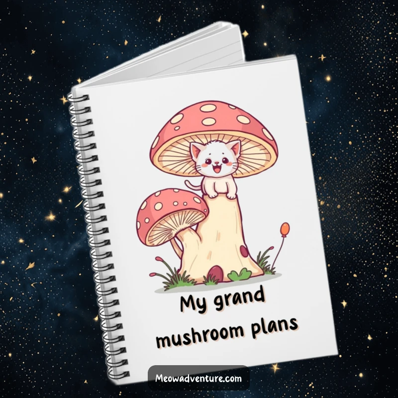 Funny spiral notebook with a brave kitten joyfully scaling a giant, whimsical mushroom with determined effort.